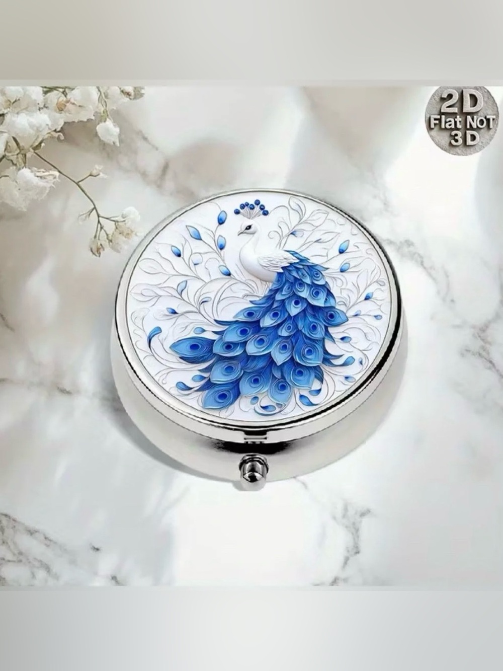Peacock Bird Nature Inspired Pill Organizer 3-Compartment Compact Pill Case New